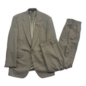 vtg 90s Corbin 46R 36x32 Tan 2pc Pant Suit Hopsack Pleated High Waisted Wool USA